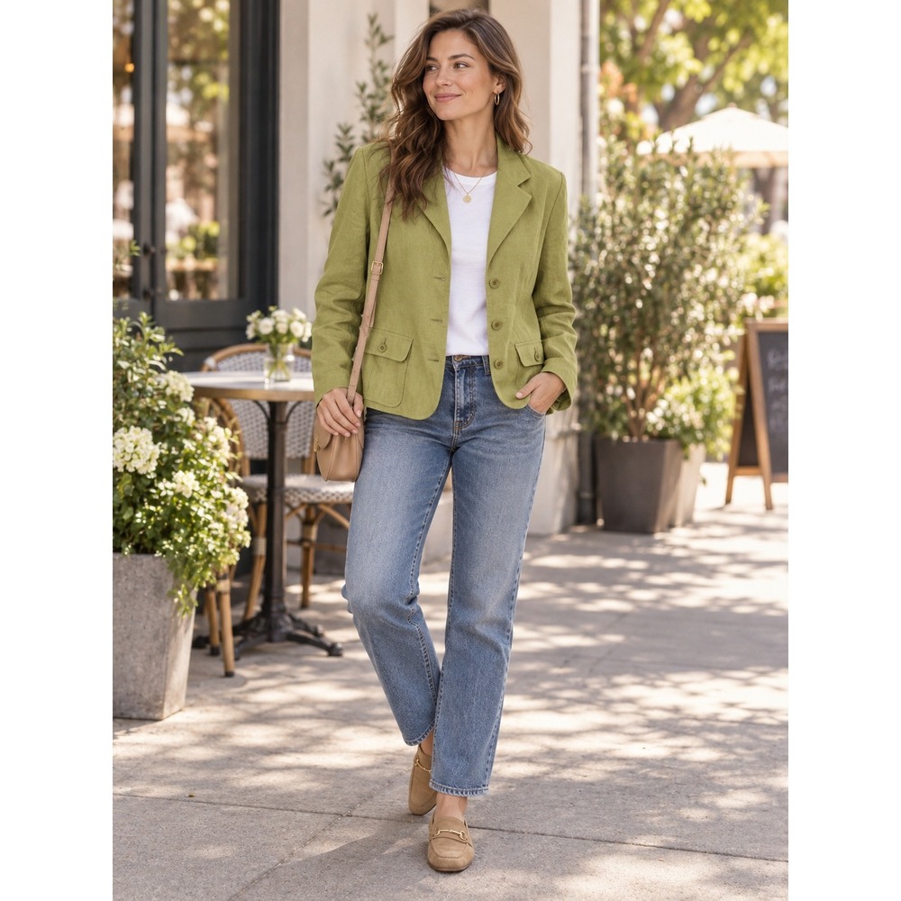 Talbots Blazer Women 10 Green Irish Linen 3-Button Jacket Office Casual